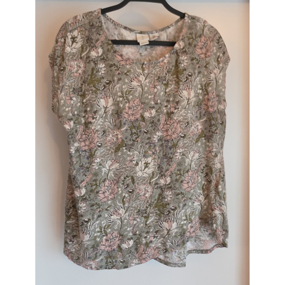Joie Linen Blouse XL Floral Green Pink White Short Sleeve Round Neck Top Boho